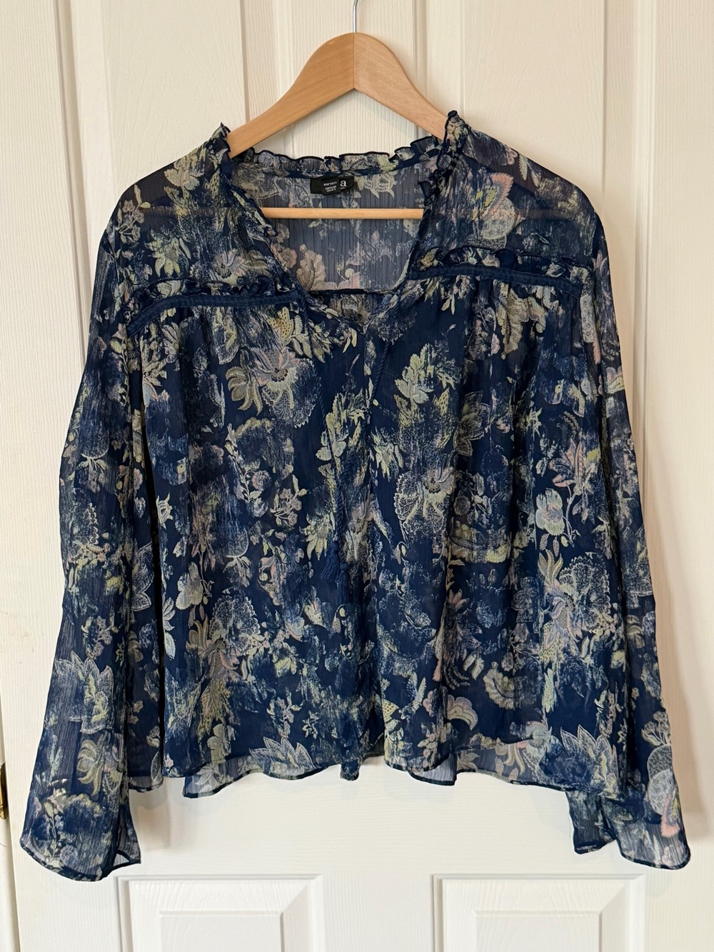 a.n.a Navy Floral Sheer Ruffled Blouse